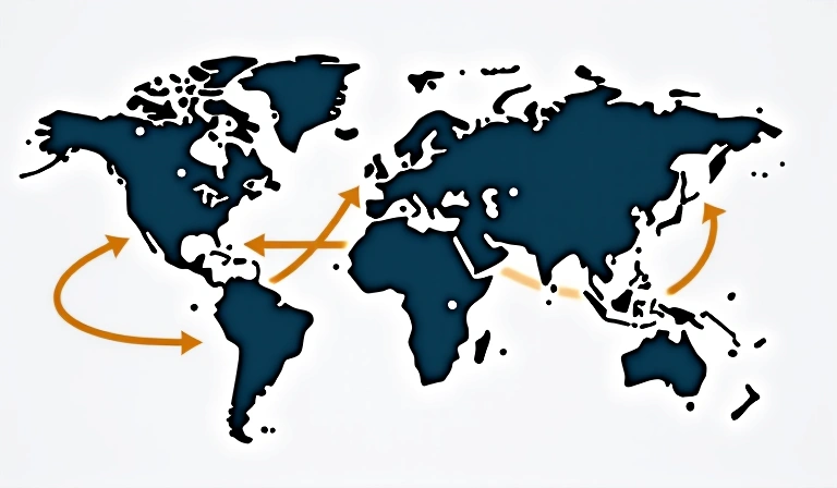 Mappa del mondo stilizzata con frecce che indicano il flusso di dati tra diverse regioni, simboleggiando il trasferimento internazionale dei dati.